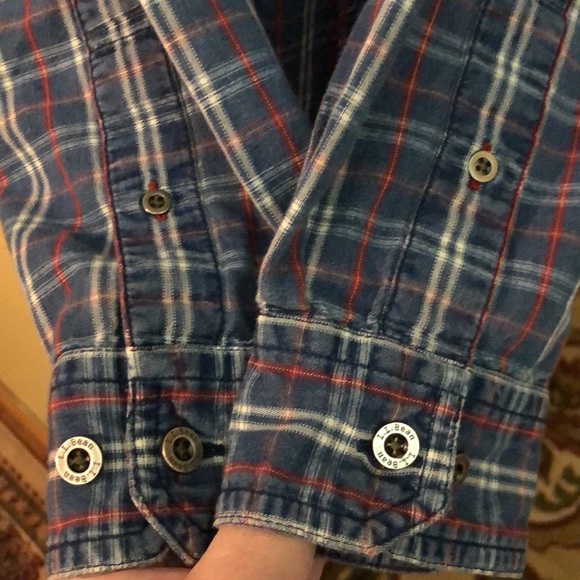 LL BEAN size Medium TALL Plaid 100% Cotton Silver metal logo Buttondown $78 NEW - Picture 11 of 16